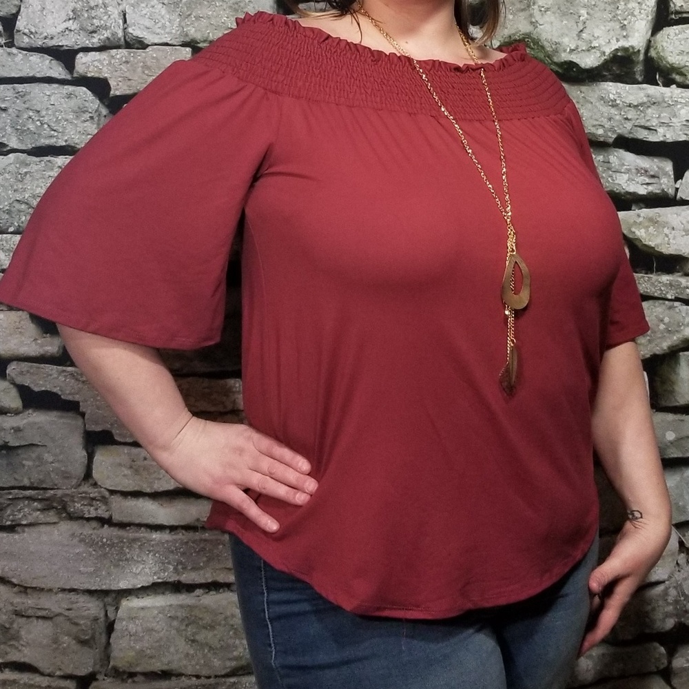 Cute Off The Shoulder Top In Rust Color